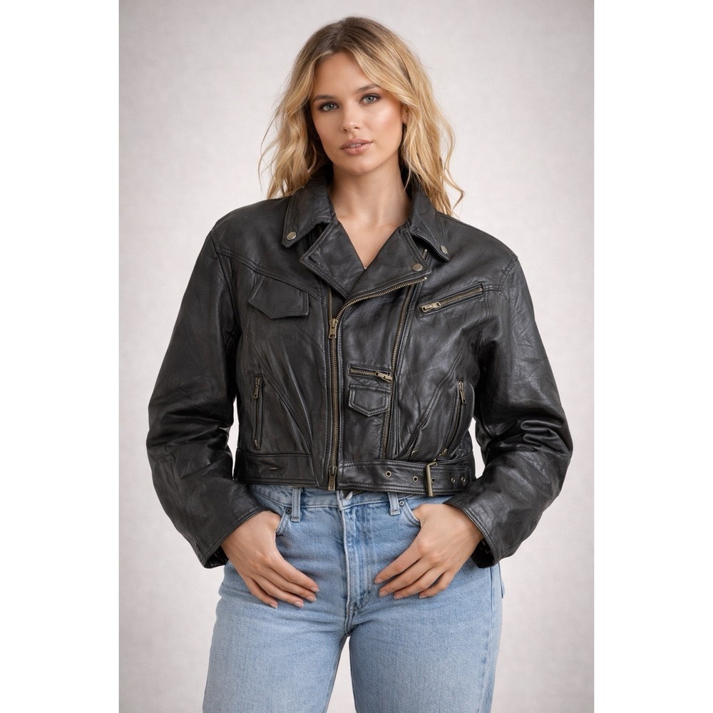 Forenza Vintage Black Leather Cropped Moto‎ Biker Jacket Belted Zip Pockets XL